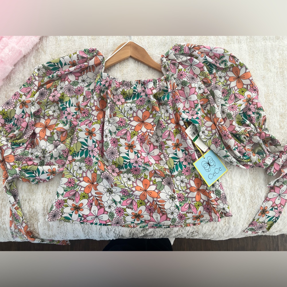 CeCe Pink, Orange & Green Floral Off-Shoulder Flutter Blouse - Picture 2 of 2